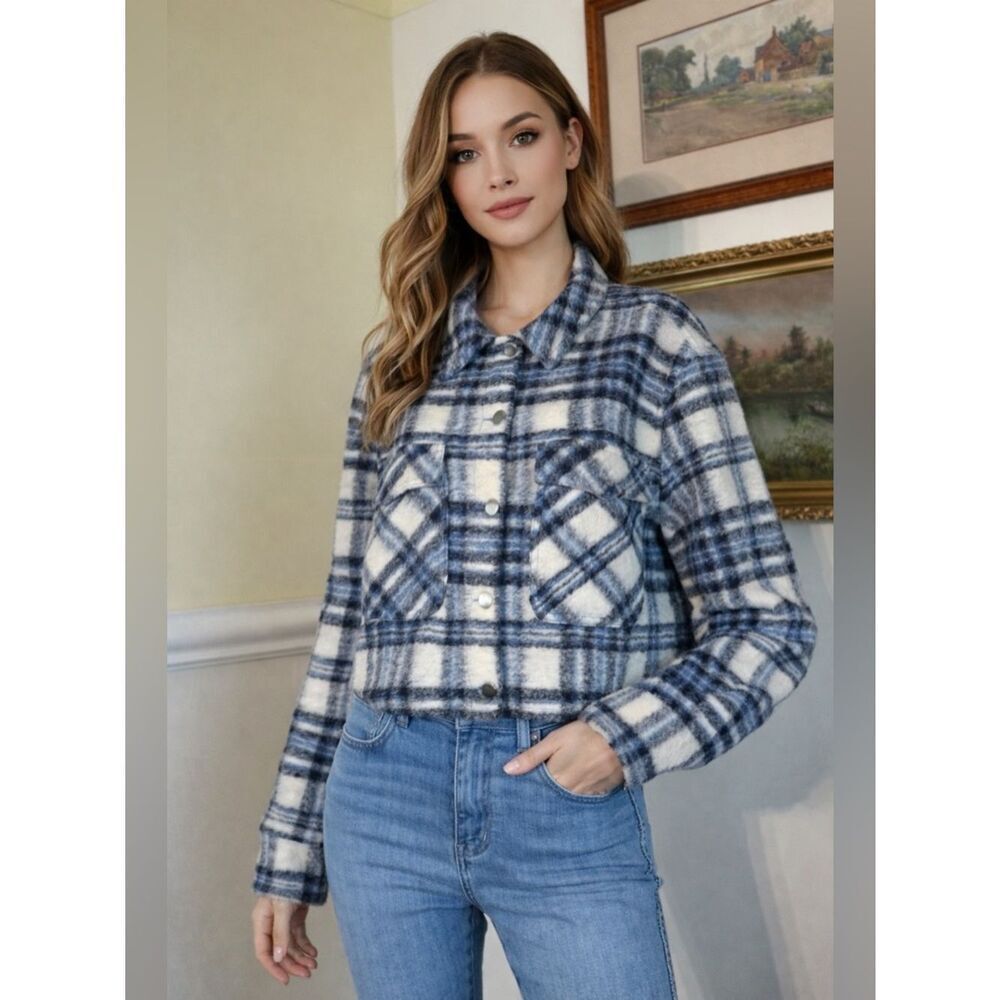 ZARA Blue & White Plaid Cropped Jacket | Wool Blend Shacket | XL